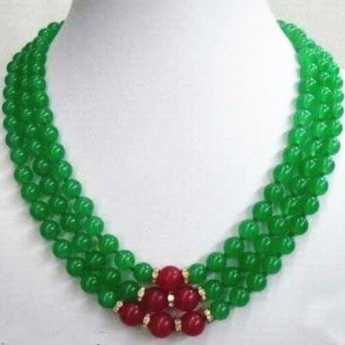 Hot Sale Fashion Style 8mm Green Red jades Chalcedony stone Round Beads 3rows Chain Necklace For Women Jewelry 17-19inch MY5194