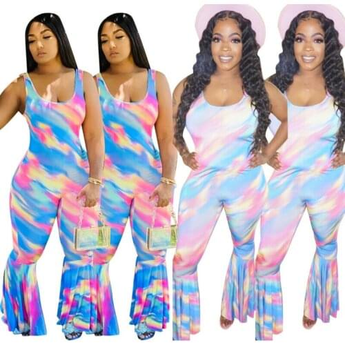 Summer Sexy Womens Lowcut Multicolor Print Sleeveless Club Wide Leg Jumpsuit