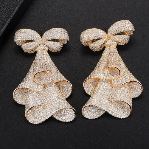 Blachette Trendy for Women Wedding Jewelry Big Bowknot Shape Full Cubic Zirconia Inlaid Dangle Drop Earrings Statement Jewelry