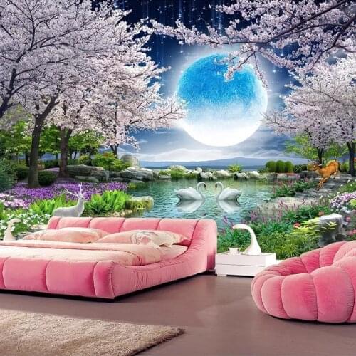 Custom 3D Wallpaper Moon Cherry Blossom Tree Landscape Wall Painting Waterproof Canvas Self-adhesive Mural Wall Sticker Bedroom