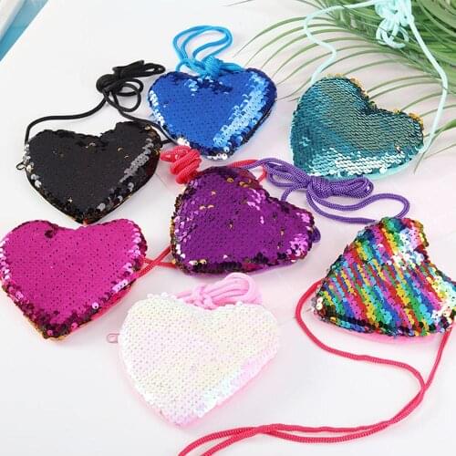 Portable Kid Girls Sequins Heart Coin Purse Crossbody Shoulder Bag Sling Wallet
