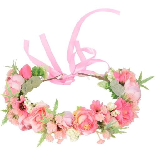 Romantic Pink Rose Flower Crown Korean Rattan Hairband Bride Wedding Head Wreath Garland Birthday Girls Hair Accessories Photo