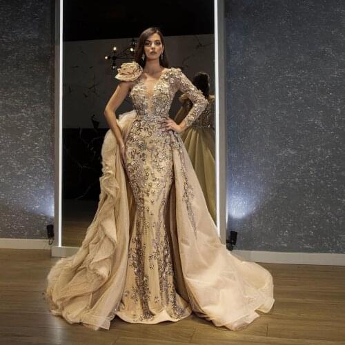 2021 Champagne Floral Bead Evening Dresses Vestido De Festa Saudi Arabic With Detachable Skirt Sleeve Applique Prom Party Gowns