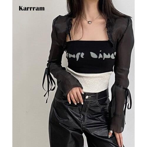 Karrram Gothic Cloak Womne Long Sleeve Crop Top Bow Design Black Cape + Patchwork Tank Top Two Piece Set Korean Style Sexy Tops
