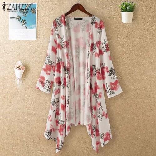 ZANZEA Summer Bohemian Cardigan Women Casual 3/4 Sleeve Open Front Blouse Loose Shirt Plus Size Printed Beach Cover Up Kimono
