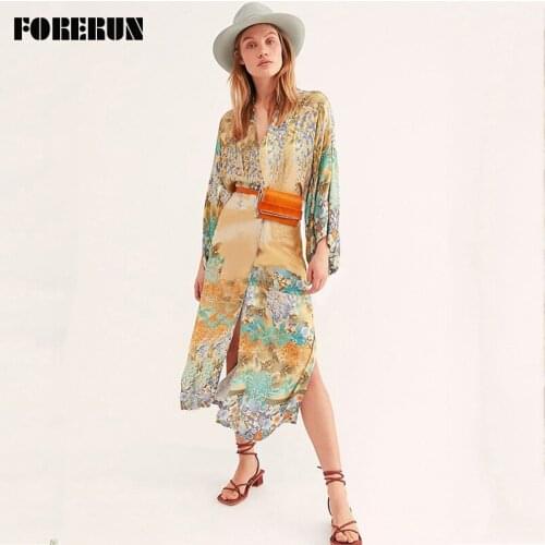 FORERUN Long Kimono Cardigan Women Beach Cover Up Summer Colorful Print Wrap Dress Swimsuit Cover-ups Pareos De Playa Mujer