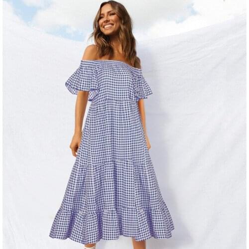 Off shoulder summer vacation sea beach maxi dress for women slash neck red blue plaid print ruflles hem loose long dresses robe