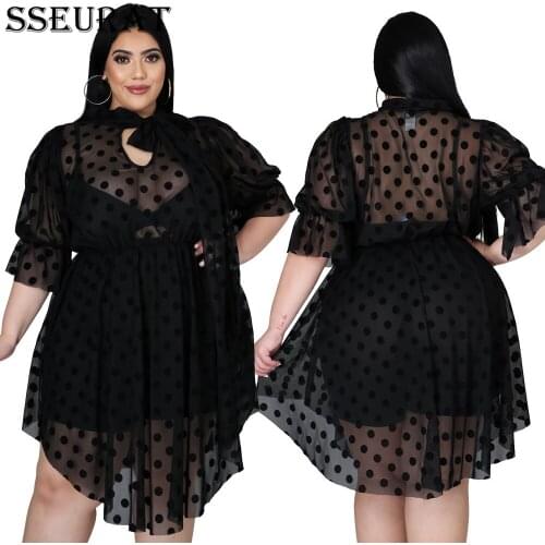 SSEURAT Women Sexy Mesh Dress Lace Hollow Out Stretch High Waist Long Sleeve Mini Dresses Ladies Plus Size Dress