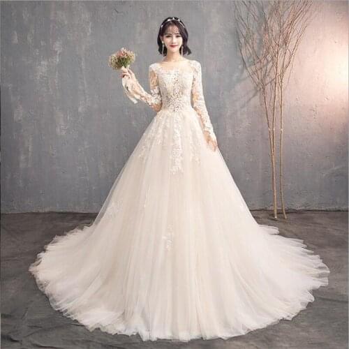 2021 New Embroidery Champagne Lace Fashion Wedding Dress With Long Sleeves O neck Long Sweep Plus Sizes Women Bridal Gowns