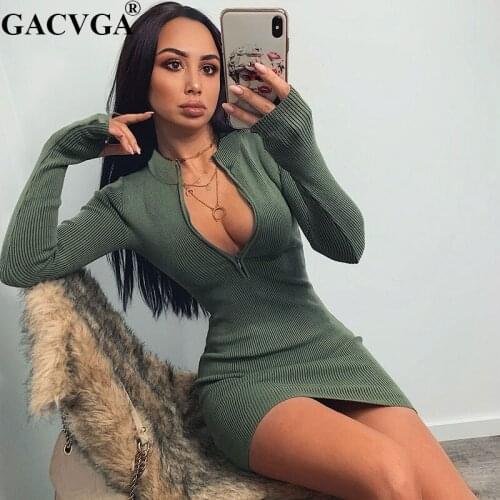 GACVGA Knitted Sweater Sexy Dress Cotton Casual Women Ribbed Bodycon Dress Office Long Sleeve Summer Autumn Dress Vestidos
