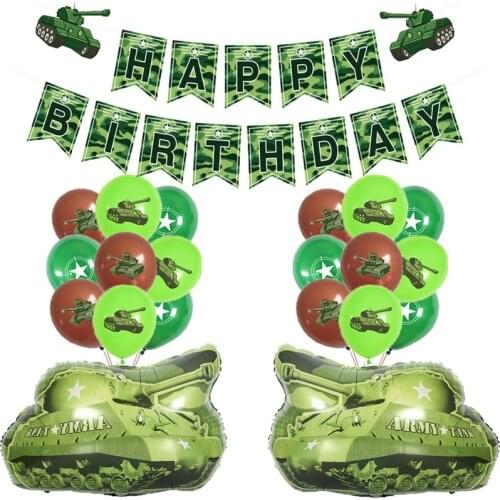 1set Green Camouflage Tank Latex Ballons Military Theme Fighter Tank Happy Birthday Banner Cars Balloon Boys Party Decor Favor