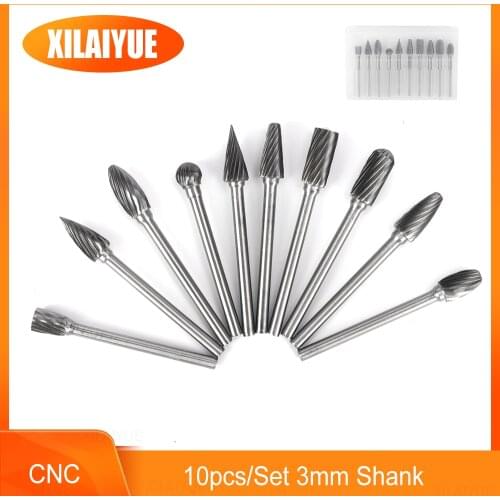 10pcs/Set 3mm Shank Tungsten Steel Solid Carbide Rotary Files Diamond Burrs Set Fits Tool For Woodworking Drilling Carving