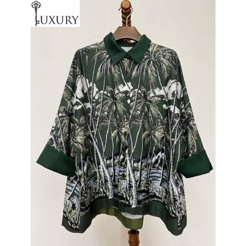 2020 Plus Size Shirt Spring Summer Blouses Women Turn-down Collar Tropical Prints Tunic Buttons Casual Dark Blue Green Tops