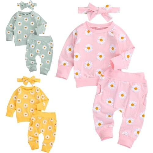 2020 Autumn Newborn Baby Girls 3PCS Clothing Set Toddlder Long Sleeve Round Collar Daisy Flower Print Romper Top + Pants 0-18M