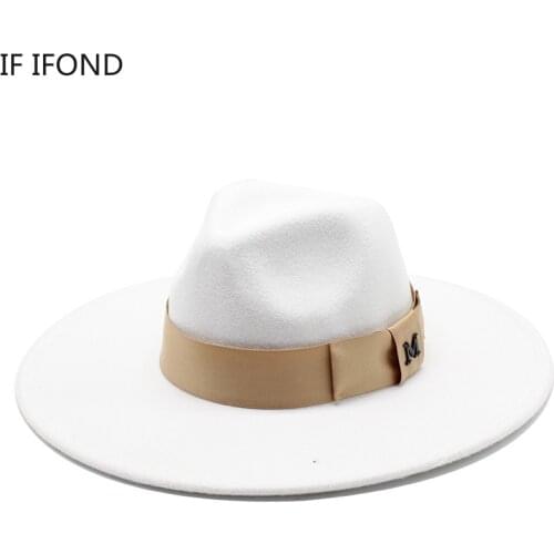 Gentleman Elegant Lady ribbon Felt Fedora Hat Winter Autumn Big Wide Brim Trilby Formal Party Cap