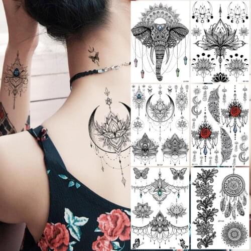Henna Moon Lotus Temporary Tattoos For Women Adults Elephant Feather Dream Catcher Rose Flower Fake Tattoo Sticker Back Tatoo
