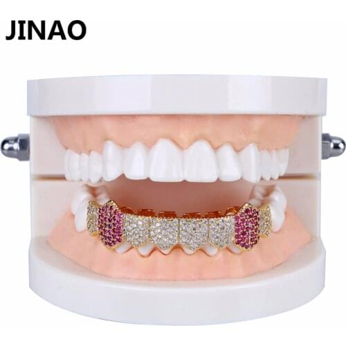 JINAO Hip Hop Iced Out Vampire Teeth Grillz Gold Silver Plated Micro Pave CZ Stones Only Bottom Mouth Grills Holleween Gift Men