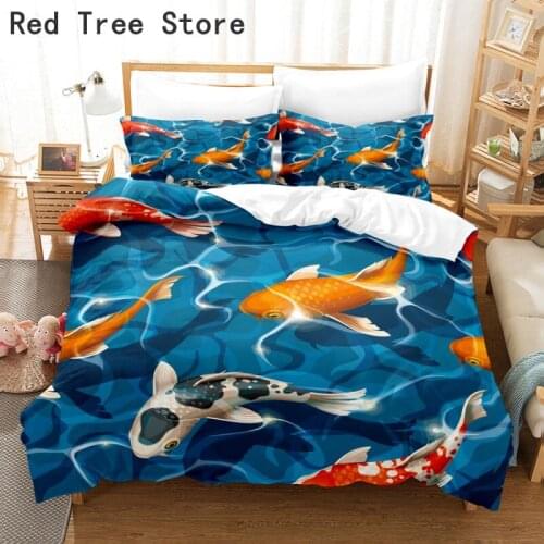 Lucky Fish 3D Print Bedding Set Animal Pattern Navy Colored Comforter Quilt Duvet Cover + 1/2pc Pillowcase Bedspread No Sheet