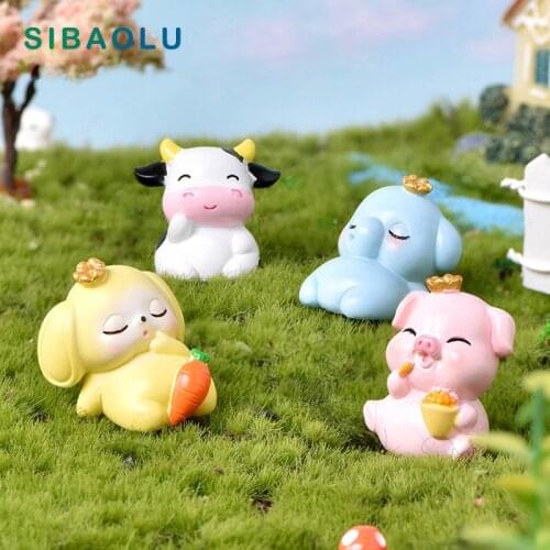 Crown Elephant Pig Cow Rabbit Figurine Cartoon Animal Model DIY Home Decor Miniature Fairy Garden Decoration Accessories Modern