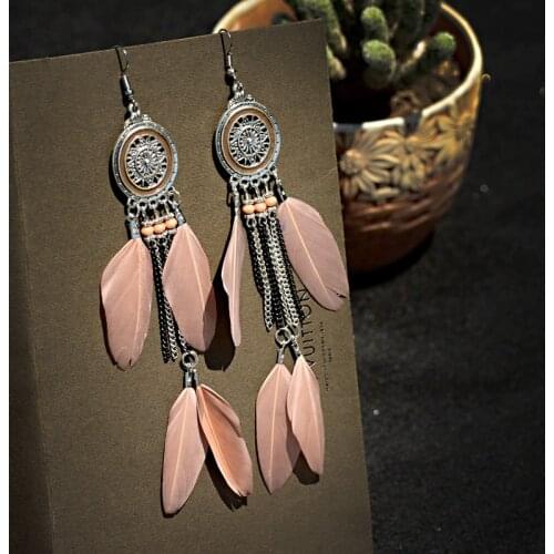 Fashion Women Ethnic Bohemia Boho Feather Earrings Tibetan Jewelry Vintage Hippie Long Chain Metal Tassel Dangle Drop Earrings