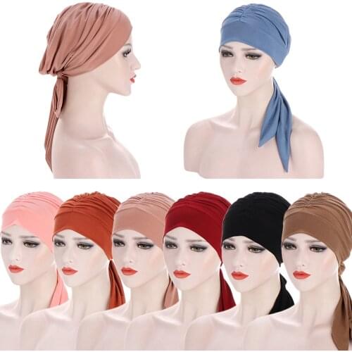 Muslim Hijab Turban Pre-Tied Underscarf Women Chemo Cap Long Tail Head Scarf Bonnet Beanie Islamic Headwear Wrap Solid Color Cap