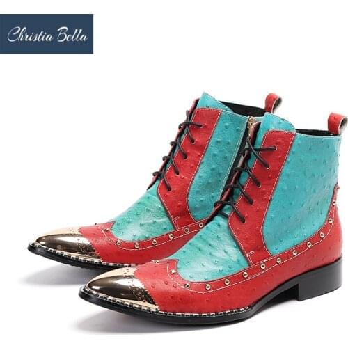 Christia Bella Winter Patchwork Men Genuine Leather Boots Pointed Toe Party Ankle Boots Lace Up Cowboy Western Boots Plus Size