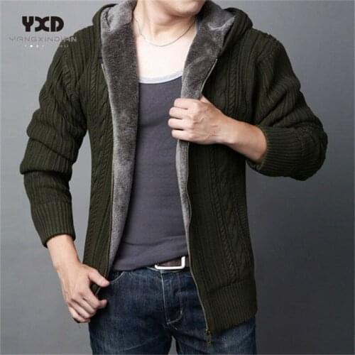 Plus size 5XL 100%Cotton Winter Warm Thick Casual Faux Fur Lining Knitted Vertical stripes Sweaters coat Men Hooded Cardigans