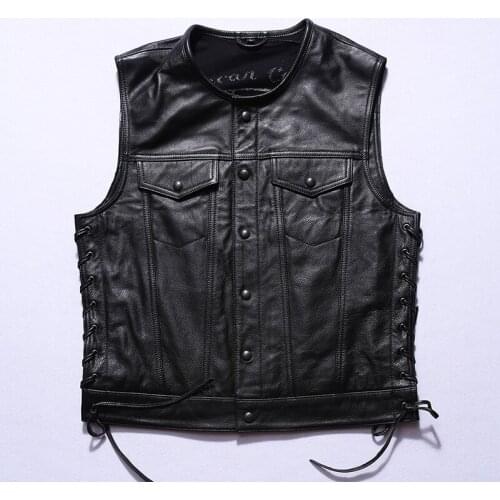 2020 motorcycle leather vest men Rock style Lace up o-neck cowhide sleeveless biker leather jacket men slim short black color