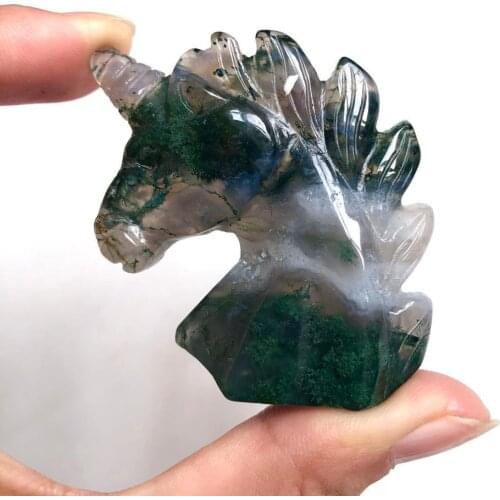 Natural moss sgate Quartz Crystal Unicorn Carving Horse head Skulls Figurin