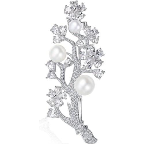 New korean design ladys blooming zircon crystals pearl flower leaf tree branch plant style pin brooch fashion ornament jewelry