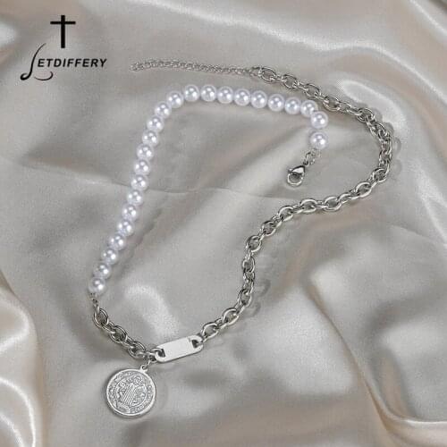 Letdiffery Catholic Saint Benedict Pearl Choke Stainless Steel Charms Women Necklcae for Wedding Jewelry