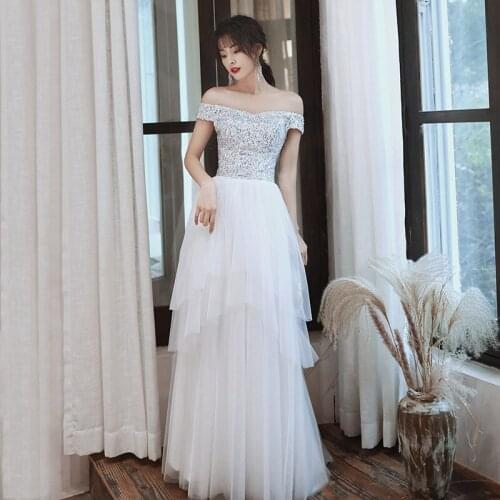 Special Occasion Dresses Illusion V-Neck Short Lace Tulle Sequined Off The Shoulder A-Line Backless White Women Prom Gown E915