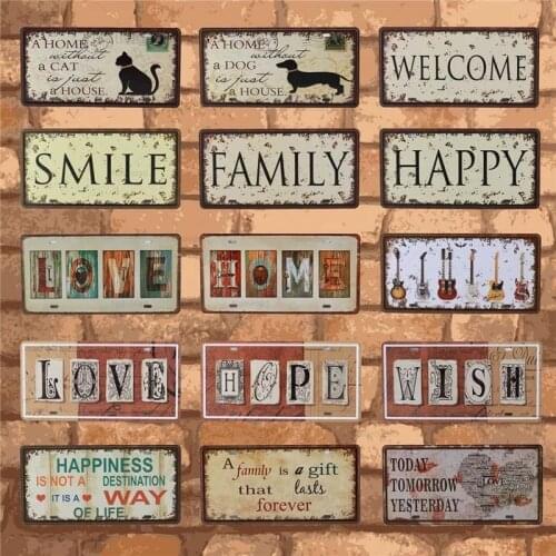 Retro Text Sign Welcome Love Hope Family Iron Plate Warm-Hearted Word Metal Plate Car License Tin Sign Club Home Wall Decoration