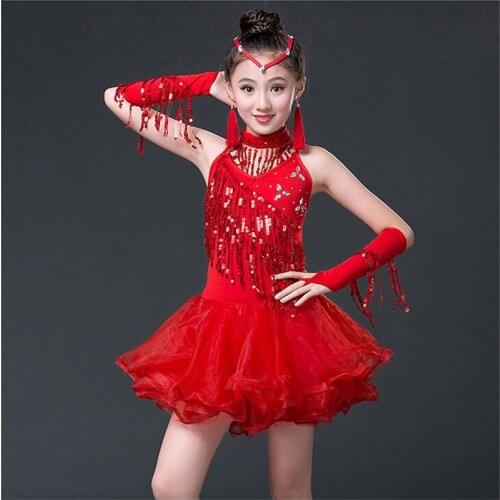 Sequins Stage Tassel Competition Latin Dance Dress For Girls Dress Gymnastics Practice Dancing Dress Girl Dancewear Kids