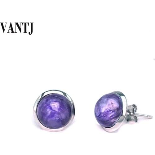 VANTJ Real 10K Gold Natural Charoite Stud Earring Fine Jewelry Women Lady Party Wedding Gift
