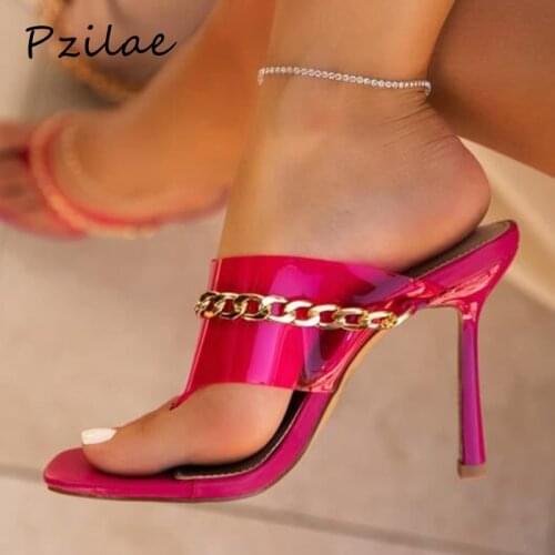 Pzilae New Summer Women Sandals Slippers Square Toe Clear PVC Transparent Flip Flops Ladies Heel Mules Female Fashion Chain Shoe