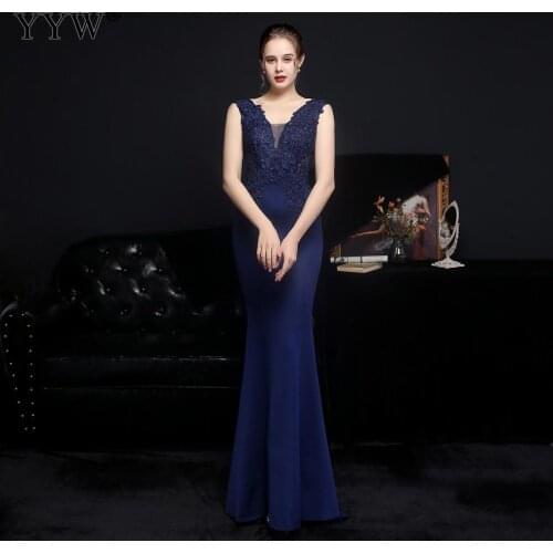 Blue Mermaid Evening Dresses 2021 New Women V Neck Appliques Lace Formal Party Dresses Elegant Off Shoulder Long robe de soiree