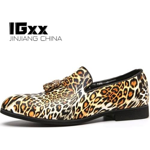 IGxx Leopard Dress Shoes Men Oxford Pointed Toe Business Tassels Loafers Men Slip-on Shoes Driving Wedding Shoes Larger Size 48