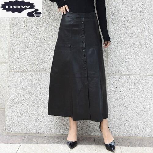 High Quality Genuine Woman Long Fashion Single Breasted Lady A Line Skirts Elegant Slim Party Leather Skirt
