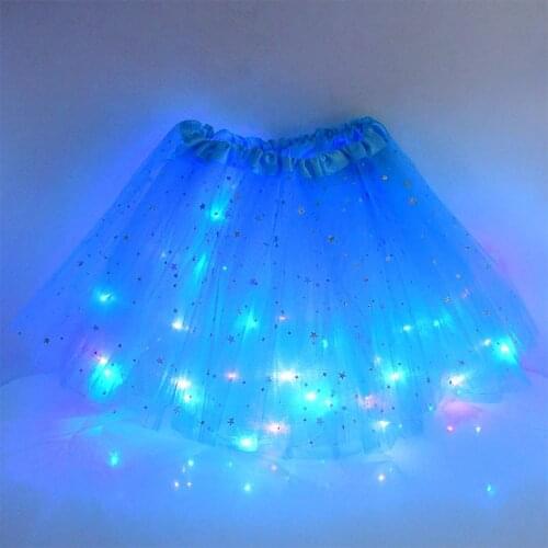 Kids Girls LED Light Up Glitter Star Sequins Wedding Birthday Fancy Dress Party Costume Ballet Dance Tulle Tutu Skirt Miniskirt