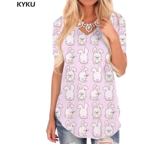 KYKU Rabbit T Shirt Women Animal V-neck Tshirt Funny Shirt Print Harajuku Tshirts Printed Womens Clothing Punk Rock Cool Style