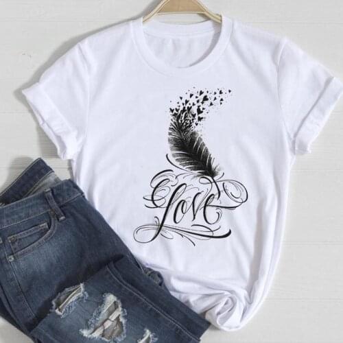 Women Short Sleeve Letter Cute Feather 90s Fashion Cartoon Summer Female Tshirts Clothes Graphic T Top Lady Print Tee T-Shirt