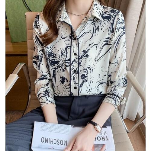 Womens shirt ink painting printing commuter professional jacket 2021 autumn new long-sleeved shirt