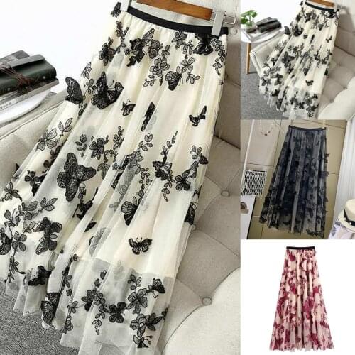 SAGACE Organza three dimensional butterfly heavy industry embroidery mesh skirt womens print loose swing skirt