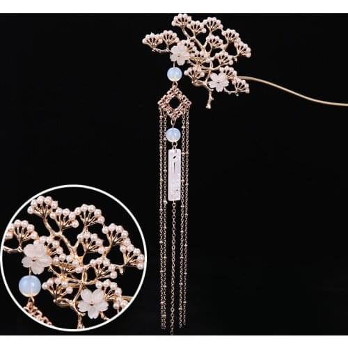 FORSEVEN Chinese Traditional Flower Simulated Pearls Tassel Hair Clasp Hair Sticks Hairpin Women Girl Wedding Party Headwear