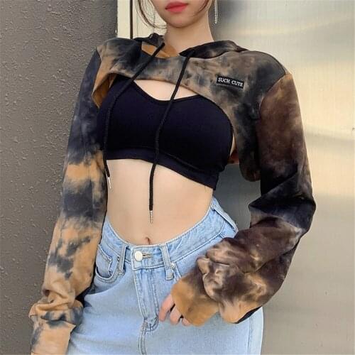 Women Fashion Crop Tops Spring Autumn Casual Pullover Long-Sleeve Cute Chic Sweatshirts Tie-Dye Loose O Neck Hooded Dating Tunic