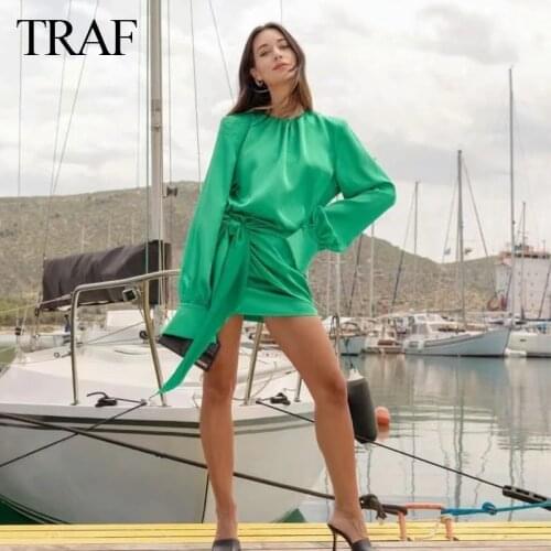 TRAF Womens Clothig Green Dress Satin Dress Woman Elegant Long Sleeve Mini Summer Dress Lady Knot Wrap Evening Short Dresses