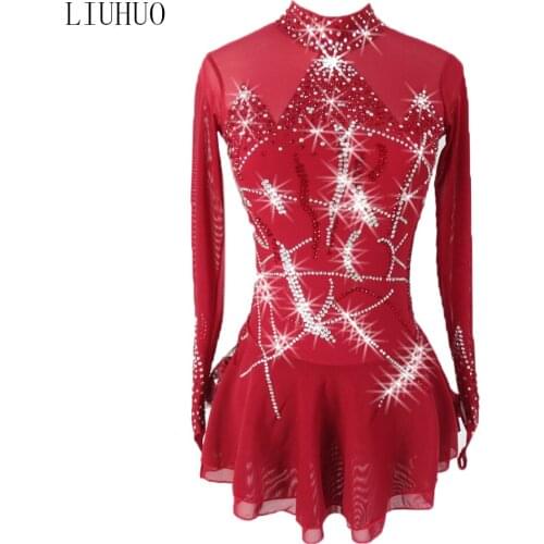 LIUHUO Wine Red Color Long Sleeve Backless Tutu Dresses All Stars Ice Skating Sexy Dance Costume Women