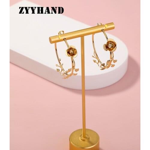 Golden Color Rose Leaf Women Hoop Earring Girl Romentic Simple Style Lady Casual Round Shape Ear Jewelry