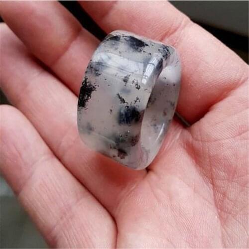 1X Chiness Natural Antique Handmade Ink Wash Flower Jade Stone Carved Thumb Ring